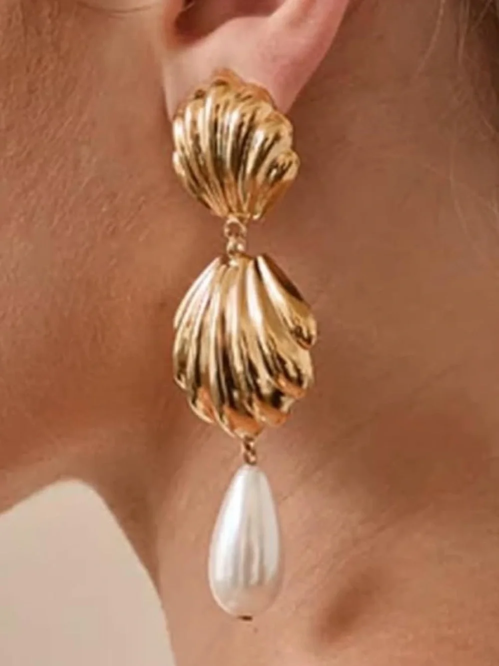 Anthropologie Gold Color Shell Drop Earrings with White Pearl Teardrop